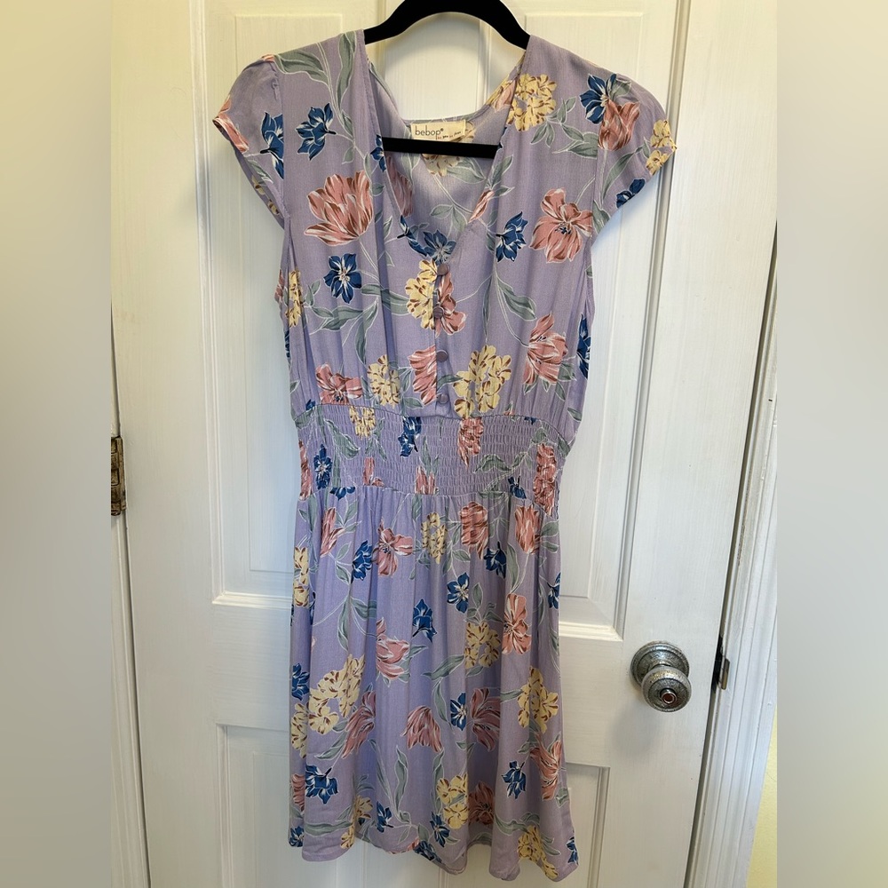 Purple, Flower print, button up dress, fitted-flexible.